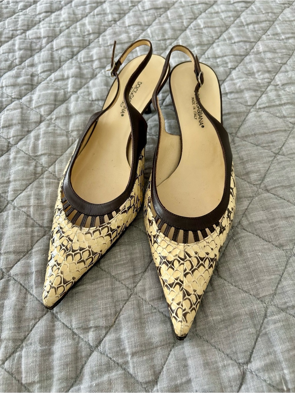 Dolce & Gabbana Snakeskin Pointed-Toe Kitten Heel Slingbacks EU 37.5 - Picture 2 of 16